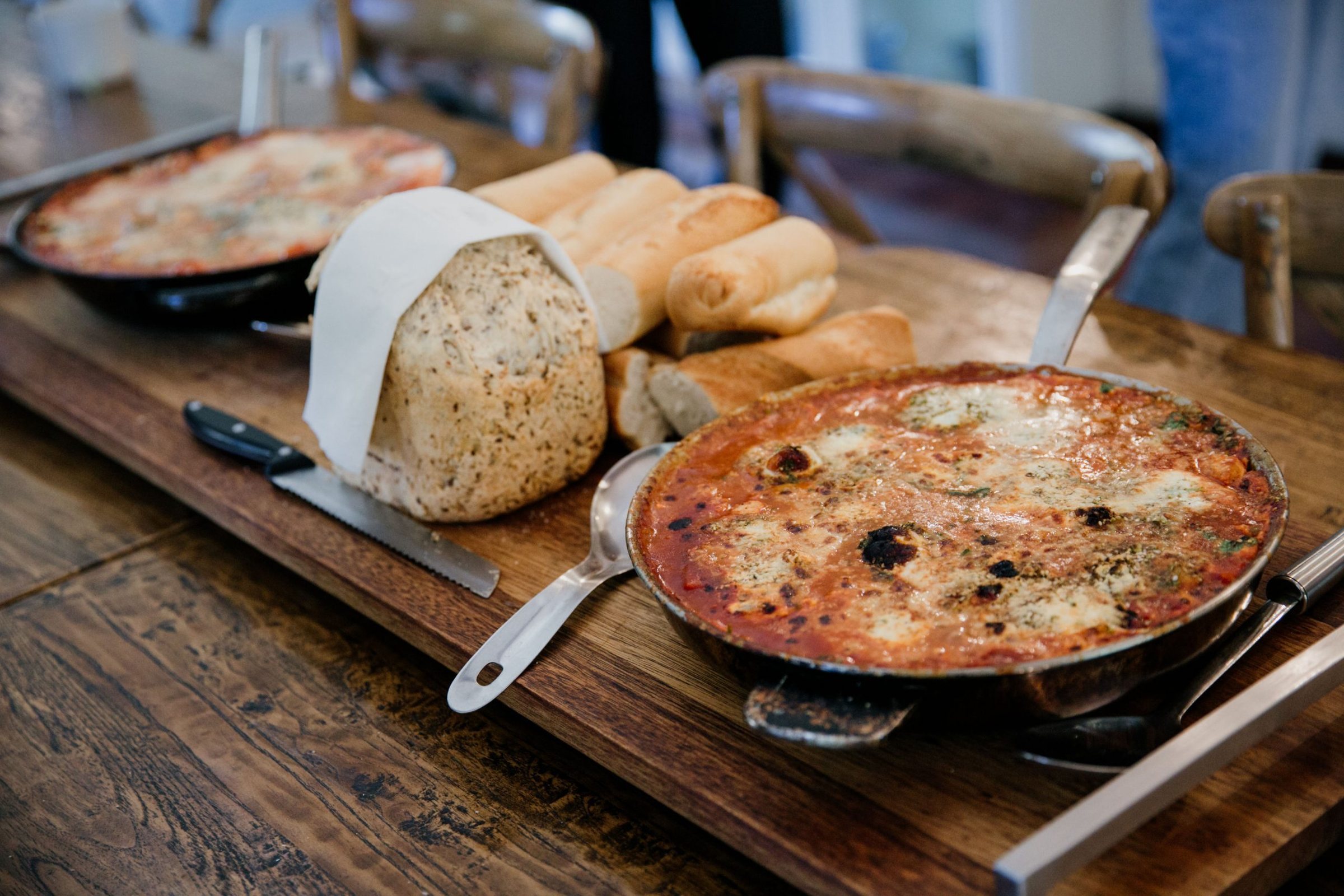 Baked lasagne and fresh bread at the retreat